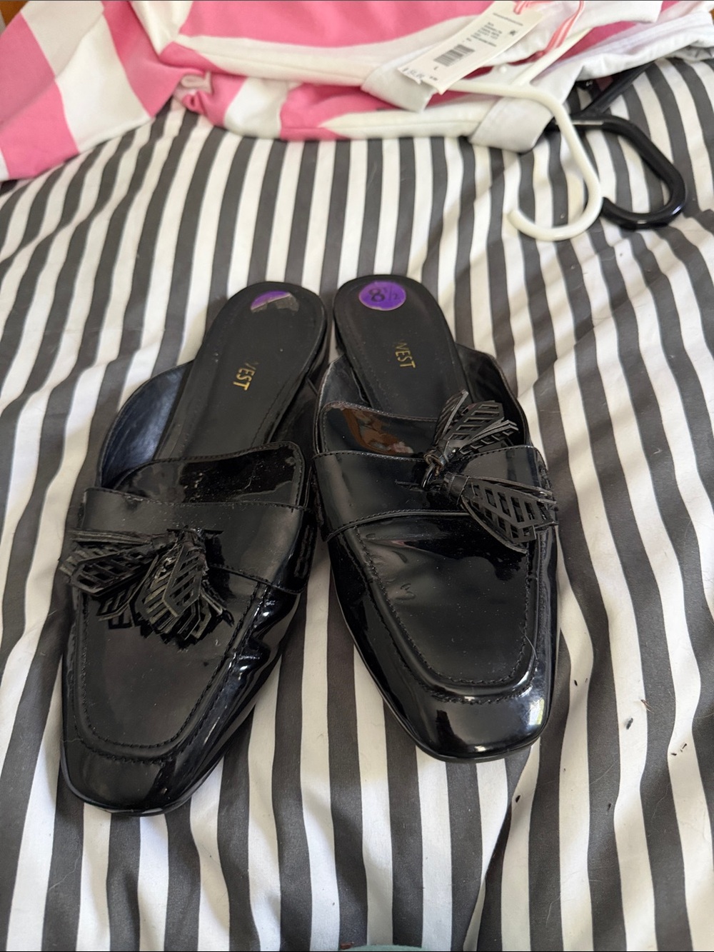 Nine West Black Patent Tassel Mule Loafers
